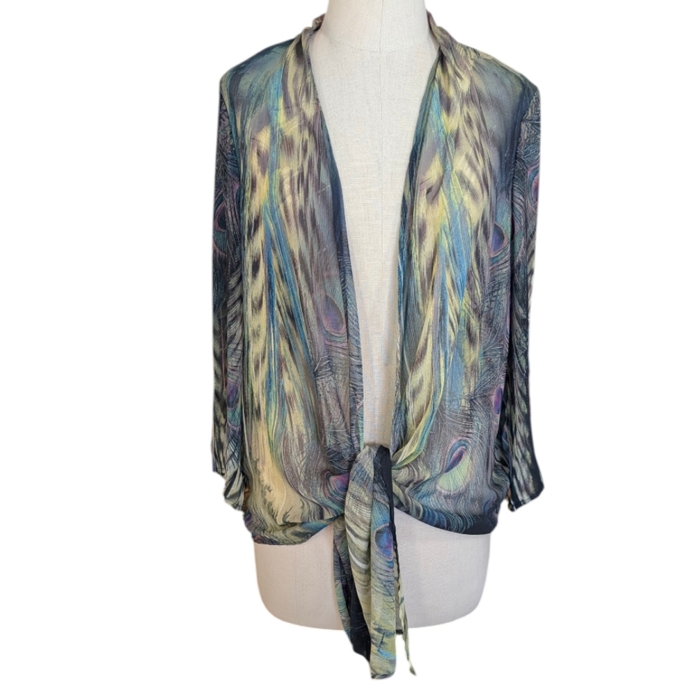 Chenault sheerchiffon peacock Kimono jacket duster, W/ knot/tie front. Medium. - Picture 13 of 16